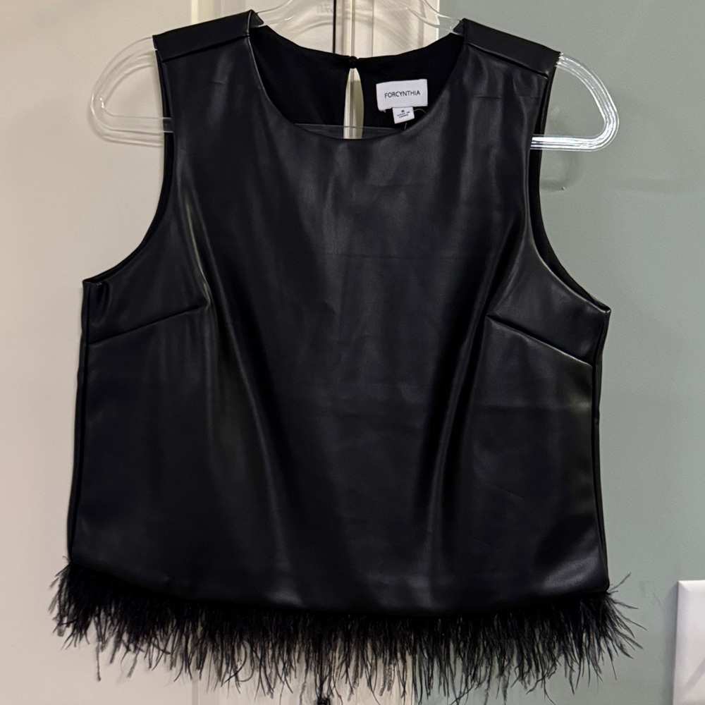 For Cynthia Black Sleeveless Top with Feather Trim